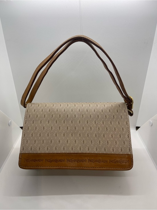 Yves Saint Laurent Handbags - Yves Saint Laurent Beige and Brown Shoulder Bag with Monogram Trim